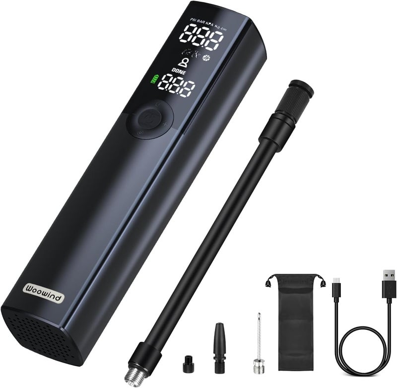 Woowind BP188 Bike Pump, The Pro Electric Bicycle Pump Tire Inflator Portable Air Compressor with Schrader, Presta and Dunlop Valve Adapters - 120 PSI (Black) - Image 1
